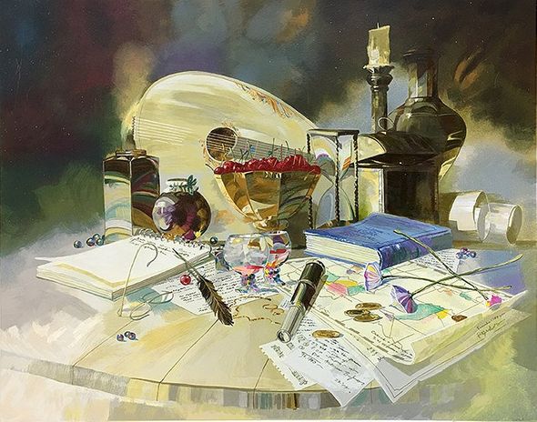 Michael Gorban Handsigned & Numbered Limited Edition Serigraph on Paper:"Mandolin and Cherries ll"