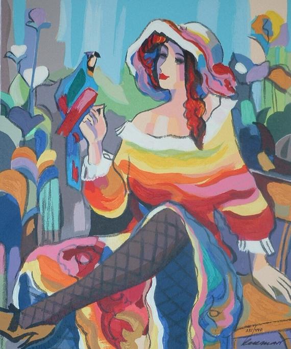 Michael Kerman Hand Signed and Numbered Limited Edition Serigraph on Paper: " Lady with a Parrot "