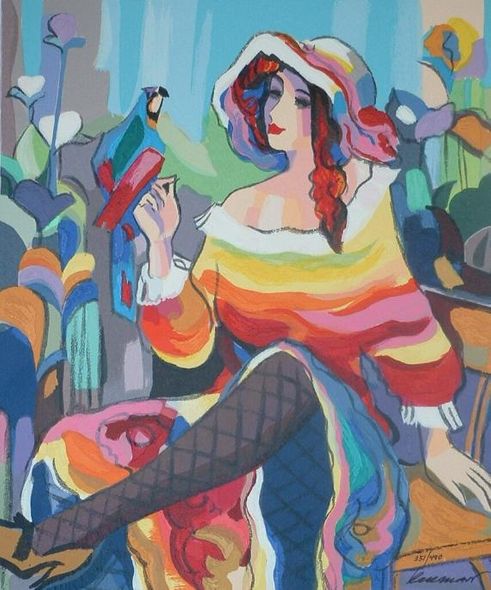 Michael Kerman Hand Signed and Numbered Limited Edition Serigraph on Paper: " Lady with a Parrot "