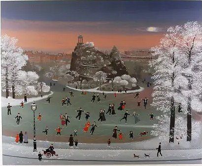 Michel Delacroix Handsigned and Numbered Limited Edition Lithograph on Paper:"Patinage Dans Le Parc 1990"