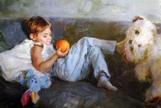 MICHL AND INESSA GARMASH Artist Signed Limited Edition GICLEE ON CANVAS: "BOY WITH ORANGE"