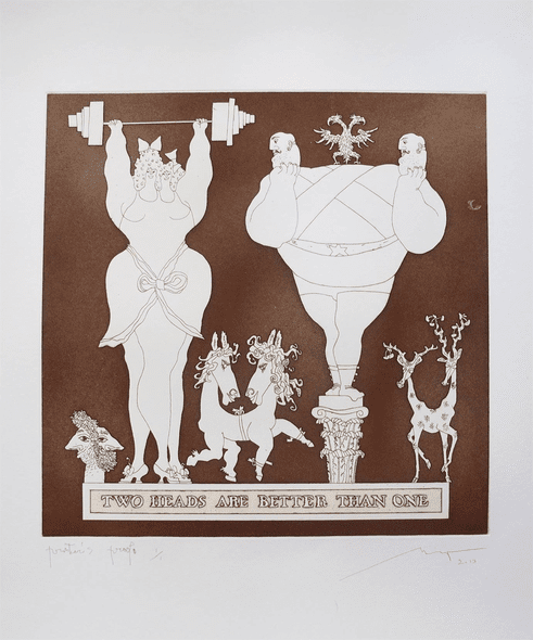 Mikhail Maiofis Hand Signed Original Watercolor Etching:"Two Heads Are Better Than One"