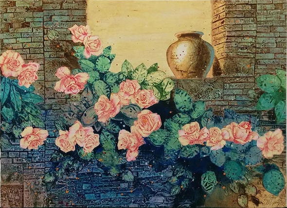 Mikulas Kravjansky Artist Hand-signed Limited Edition Etching on Paper (Intaglio): "ROSE GARDEN"