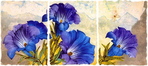Mikulas Kravjansky Limited Edition Intaglio on Hand Made Paper with Metallic Inlays: "GENTIAN ROYAL" Mikulas Kravjansky Limited Edition Intaglio on Hand Made Paper with Metallic Inlays: "GENTIAN ROYAL"