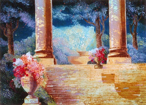 Mikulas Kravjansky Limited Edition Mixed Media Print: "LIGHT ON THE STAIRS"