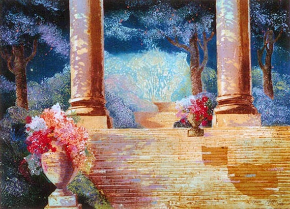 Mikulas Kravjansky Limited Edition Mixed Media Print: "LIGHT ON THE STAIRS"