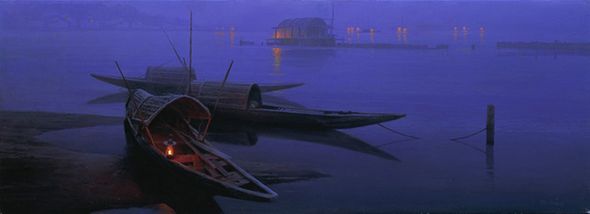 Mo DaFeng Hand Signed and Numbered Limited Edition Canvas Giclee:"Night Fishing"