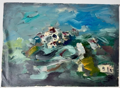 Mordechai Avniel Signed Original Oil on Paper: "Mordechai Avniel (1900 - 1989) - Abstract Landscape" Mordechai Avniel Signed Original Oil on Paper: "Mordechai Avniel (1900 - 1989) - Abstract Landscape"