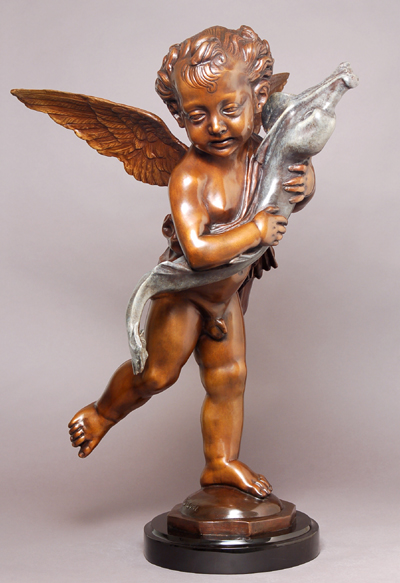 Moreau Handcrafted Solid Bronze Sculpture:"Cherub and Dolphin"