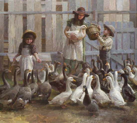 Morgan Weistling Artist Proof  Limited Edition Giclee on Canvas:"Feeding the Geese"