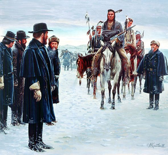 Mort Kunstler Handsigned and Numbered Limited Edition Giclee on Canvas:"Chief Joseph Surrenders"