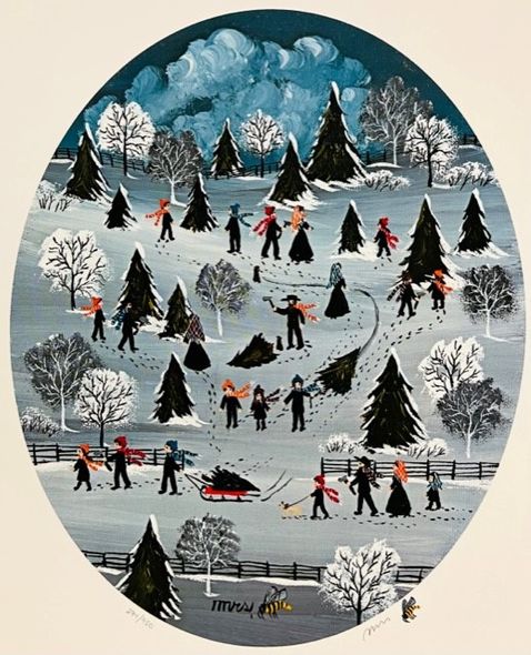 Mrs. Bee Signed by the Artist Limited Edition Paper Lithograph:"Cutting the Evergreen Trees"