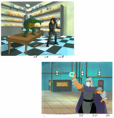 Teenage Mutant Ninja Turtles Two Hand Painted Production Cels and Color Backgrounds: "Teenage Mutant Ninja Turtles" Teenage Mutant Ninja Turtles Two Hand Painted Production Cels and Color Backgrounds: "Teenage Mutant Ninja Turtles"