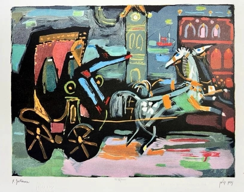Nahum Gutman Signed in Plate Limited Edition Lithography: "Carriage by the Clock" Nahum Gutman Signed in Plate Limited Edition Lithography: "Carriage by the Clock"