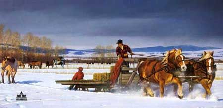 NANCY GLAZIER 17X34 Secondary Market Art: "WINTER CHORES"
