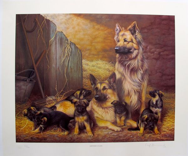 Nigel Hemming Hand Signed Limited Edition Lithograph:"German Shepherd Flock Dogs"