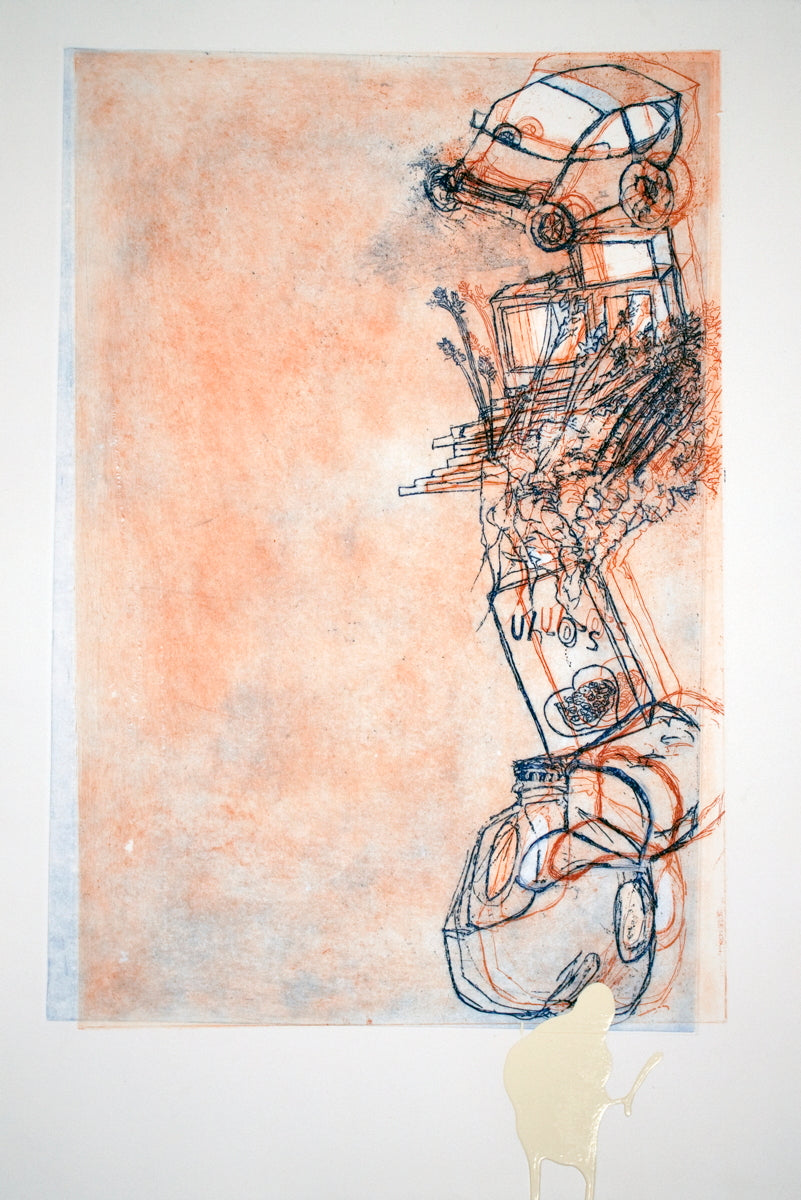 Olga Koumoundouros Rare Vintage Artist Signed Mixed Media: "Budget Enterprise"
