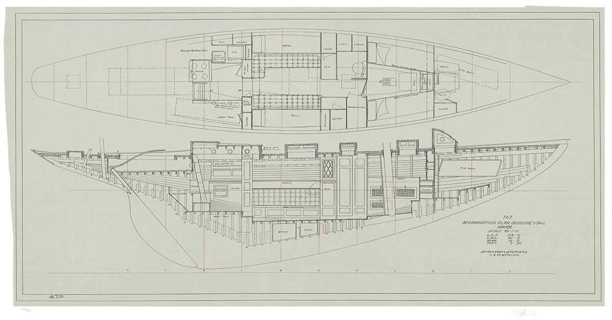 Olin Stephens Rare Vintage Artist Signed Serigraph: "Dorade: Accommodations Plan, 1936"
