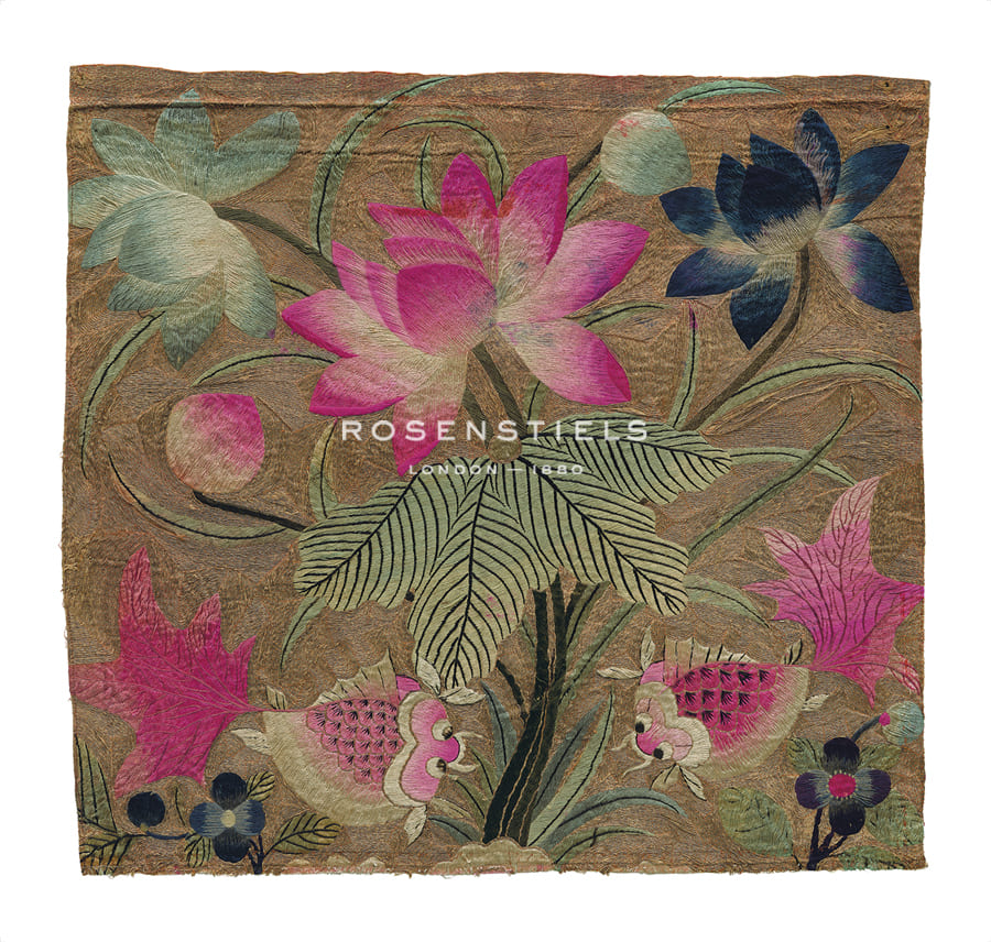 Oriental School Hand Numbered Limited Edition Print on Paper :"Cushion Cover, Pink Lotus and Fish"