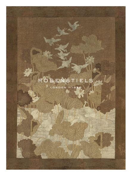 Oriental School Hand Numbered Limited Edition Print on Paper :"Embroidered Silk with Brown cranes and Lotus Flowers"