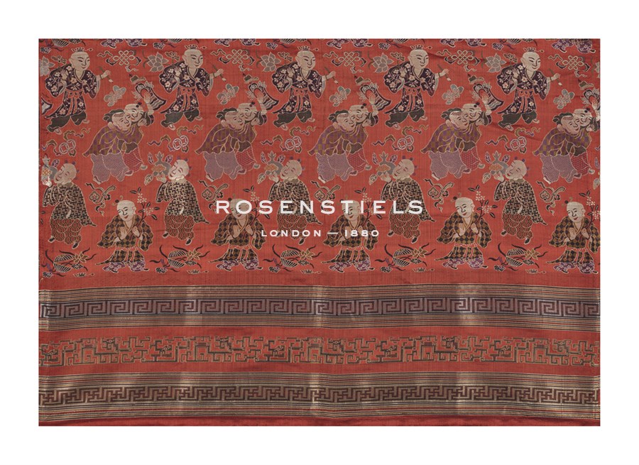 Oriental School Hand Numbered Limited Edition Print on Paper :"Silk Brocade, with 100 Children Design on Red"