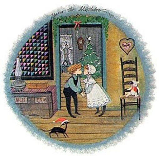 P Buckley Moss Limited Edition Offset Lithograph: "UNDER THE MISTLETOE"