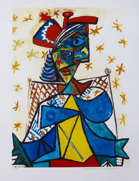 Pablo Picasso Estate Signed Giclee:"#35 Seated Woman With Red And Blue Hat"