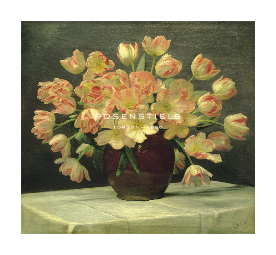 Peter Johan Schou Hand Numbered Limited Edition Print on Paper :"Tulips in a Vase on a Draped Table"