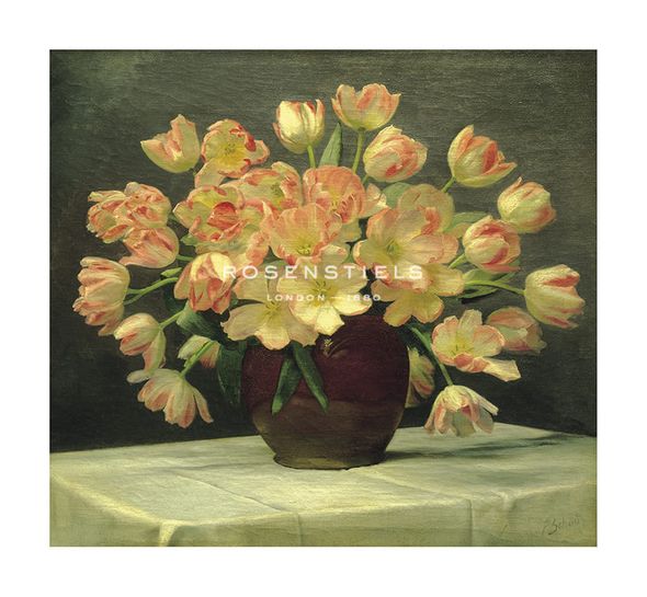 Peter Johan Schou Hand Numbered Limited Edition Print on Paper :"Tulips in a Vase on a Draped Table"