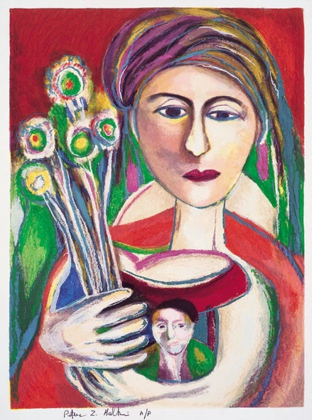 Peter Zvi Malkin Pencil Hand Signed Limited Edition Serigraph Print: "HARLEQUIN WITH FIVE FLOWERS"