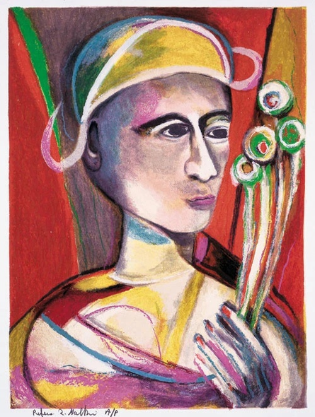 Peter Zvi Malkin Pencil Hand Signed Limited Edition Serigraph Print: "HARLEQUIN WITH FOUR FLOWERS"