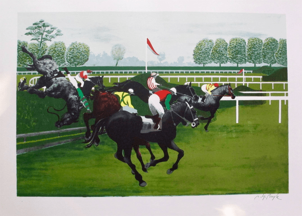 Pierre Charles Bayle Hand Signed Lithograph Horse Racing Art:"The Steeplechase"