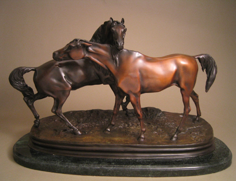 Pierre-Jules Mene Handcrafted Solid Bronze Sculpture:"Two Horse Accolade"