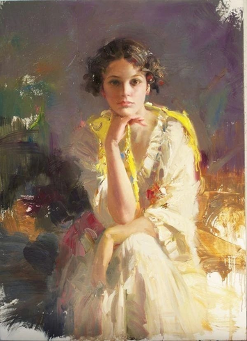 Pino Embellished 30x22 Canvas Giclee: "Yellow Shawl" Pino Embellished 30x22 Canvas Giclee: "Yellow Shawl"
