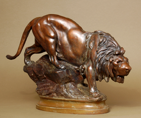 Prosper Lecourtier Handcrafted Solid Bronze Sculpture:"Lion on Rock"