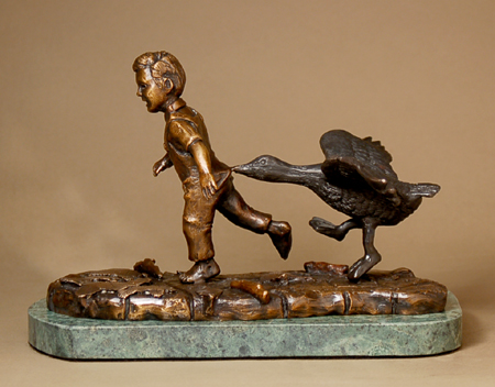 Rafael Arrieta-Eskarzaga Handcrafted Solid Bronze Sculpture:"Wild Goose Chase"