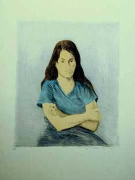 Raphel Soyer Hand Signed Publisher Proof Lithograph:"Girl, Arms Crossed, Blue V Neck"