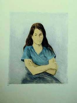 Raphel Soyer Hand Signed Publisher Proof Lithograph:"Girl, Arms Crossed, Blue V Neck"