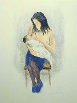 Raphel Soyer Hand Signed Publisher Proof Lithograph:"Nursing Mother Blue Slippers"