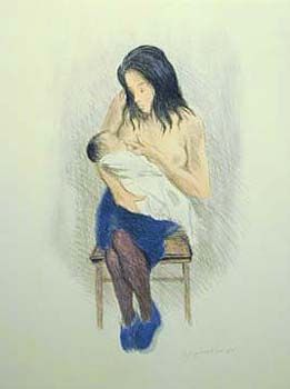 Raphel Soyer Hand Signed Publisher Proof Lithograph:"Nursing Mother Blue Slippers"