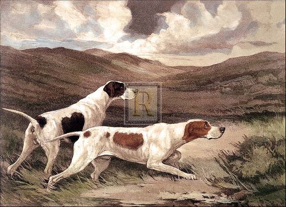 Reuben Ward Binks Artist Hand Colored Copper Plate Printed Atelier Print:"Tense Moment (Pointers)"