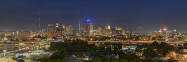 Rob Greebon 20 x 60 Open Edition Giclee on Canvas:"San Antonio Skyline on a Summer Night"