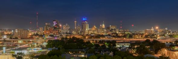 Rob Greebon 20 x 60 Open Edition Giclee on Canvas:"San Antonio Skyline on a Summer Night"