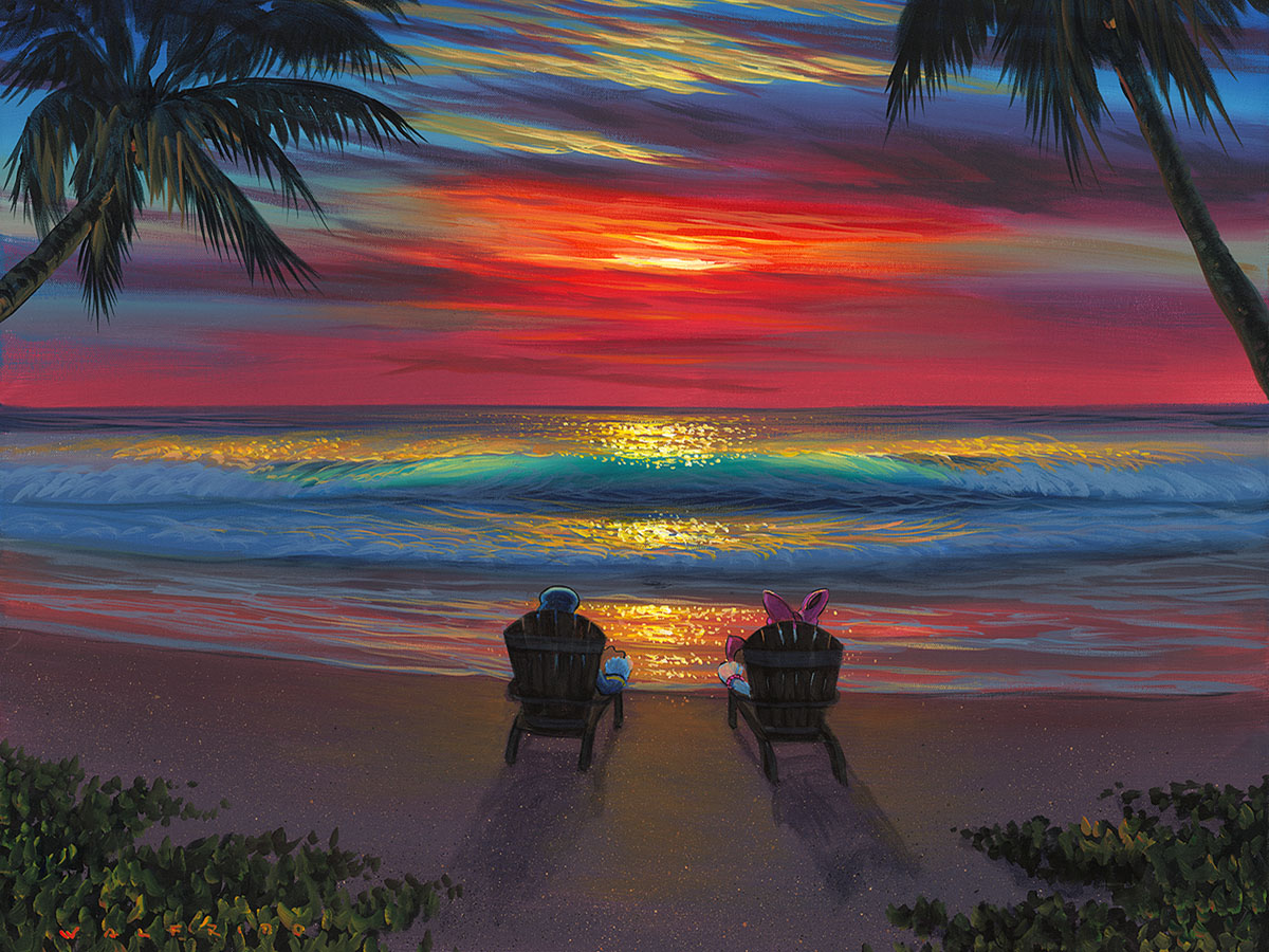 Walfrido Garcia Gallery Wrapped Hand Embellished Canvas:"Donald and Daisys Perfect Sunset"