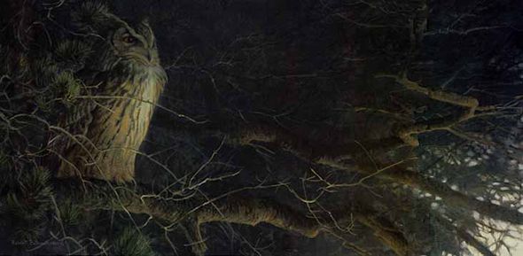ROBERT BATEMAN 14X28 Secondary Market Art: "NIGHTFALL EAGLE OWL"