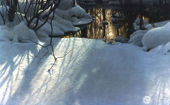 ROBERT BATEMAN 18X24 Secondary Market Art: "WINTER POND MERGANSERS"