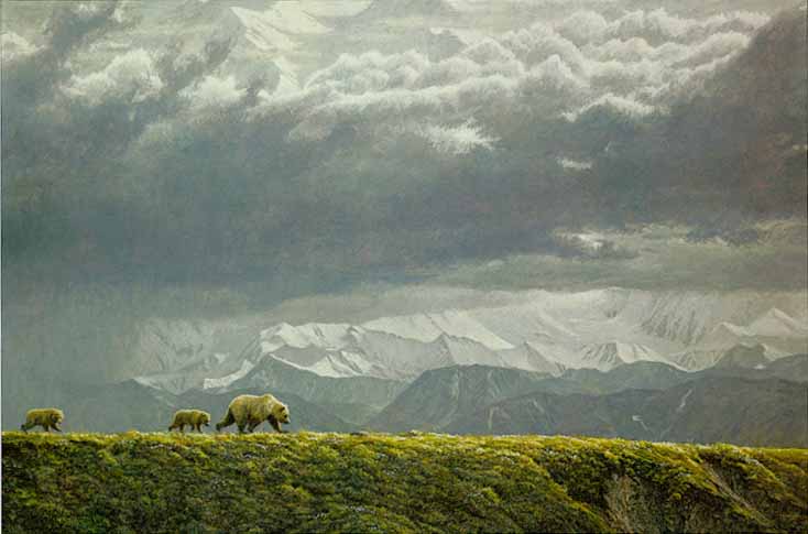 ROBERT BATEMAN 28X20 Secondary Market Art: "ALONG RIDGE GRIZZLIES"