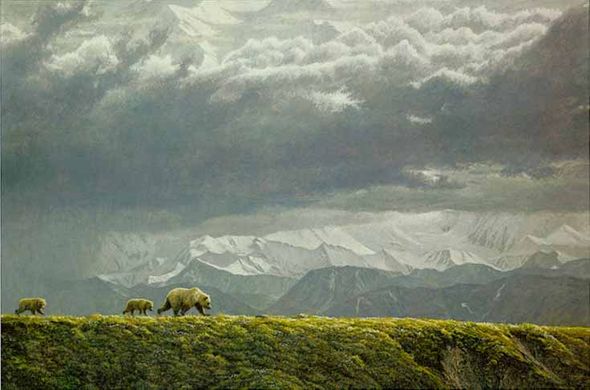 ROBERT BATEMAN 28X20 Secondary Market Art: "ALONG RIDGE GRIZZLIES"