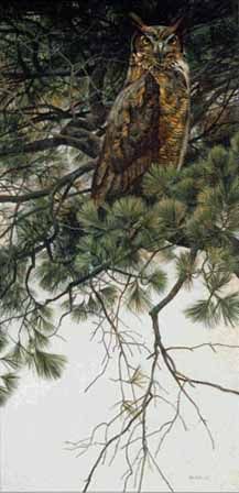 ROBERT BATEMAN 31X16 Secondary Market Art: "GREAT HORNED OWL PINE"