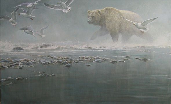 ROBERT BATEMAN 33X20 Secondary Market Art: "ABOVE RAPIDS GULLS"